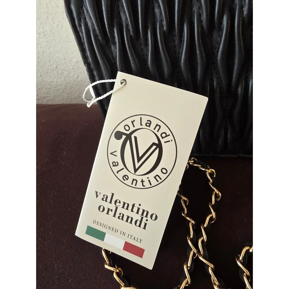 Valentino Orlandi Black Ruched Quilted Crossbody Bag Gold Chain Strap V-NWBC